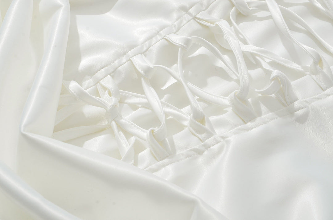 Maxi dress with satin pleats and a tie-back bodice for fastening at the waist - Loiana