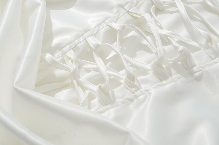 Maxi dress with satin pleats and a tie-back bodice for fastening at the waist - Loiana