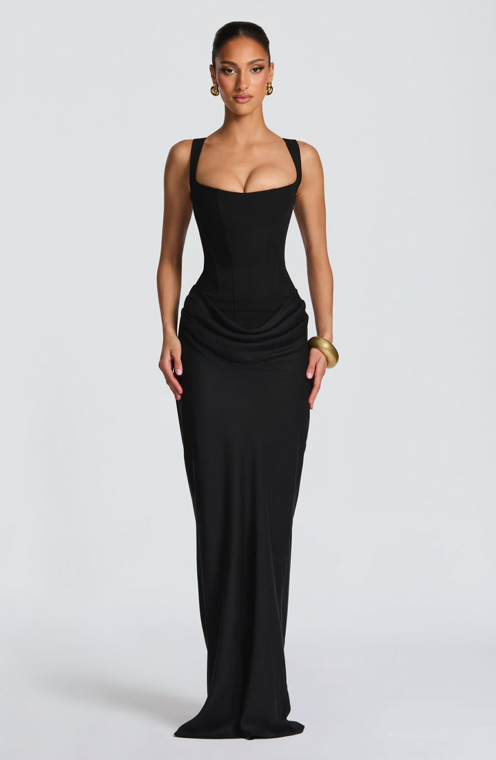 Maxi dress with satin pleats and a tie-back bodice for fastening at the waist - Loiana
