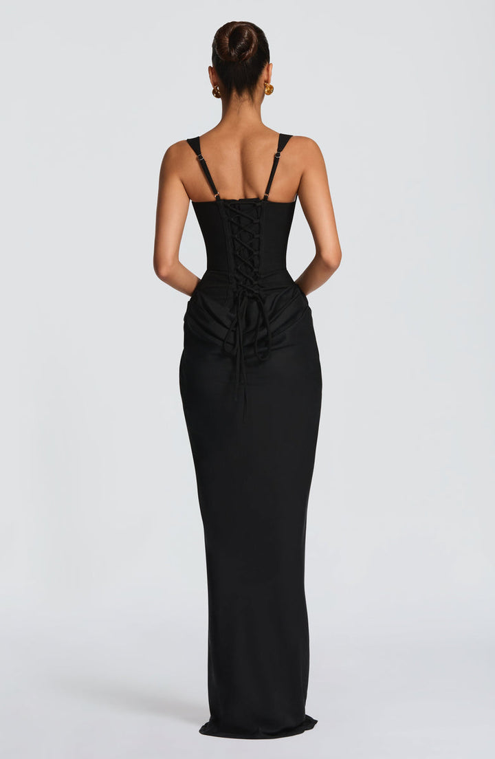 Maxi dress with satin pleats and a tie-back bodice for fastening at the waist - Loiana
