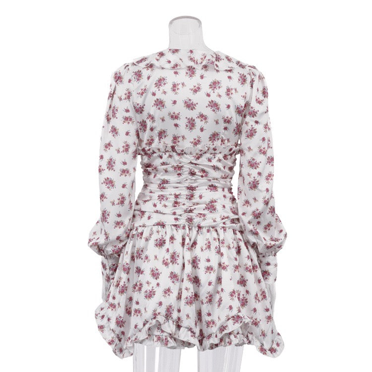 Floral satin mini dress with tiered ruffles – Yahli