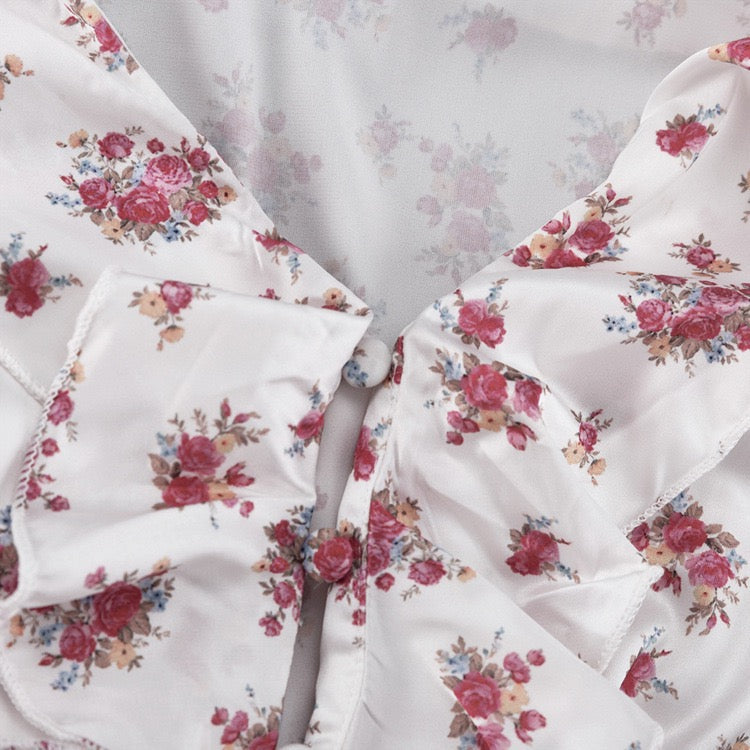 Floral satin mini dress with tiered ruffles – Yahli