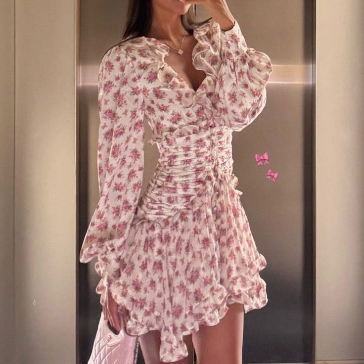 Floral satin mini dress with tiered ruffles – Yahli