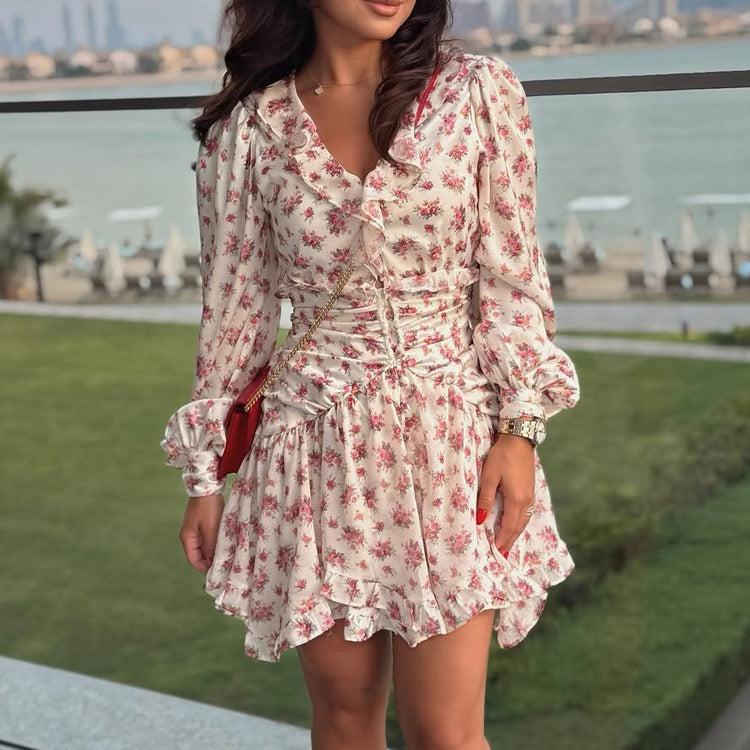 Floral satin mini dress with tiered ruffles – Yahli
