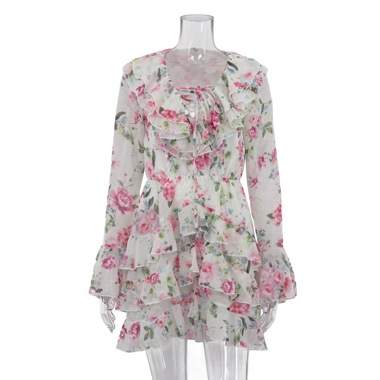 Floral chiffon ruffled mini dress with tiered ruffles – Alona