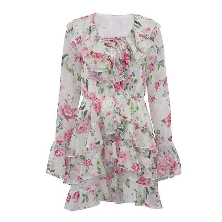 Floral chiffon ruffled mini dress with tiered ruffles – Alona