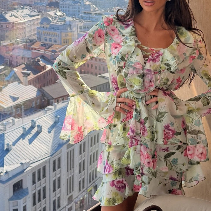 Floral chiffon ruffled mini dress with tiered ruffles – Alona
