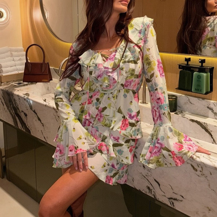 Floral chiffon ruffled mini dress with tiered ruffles – Alona