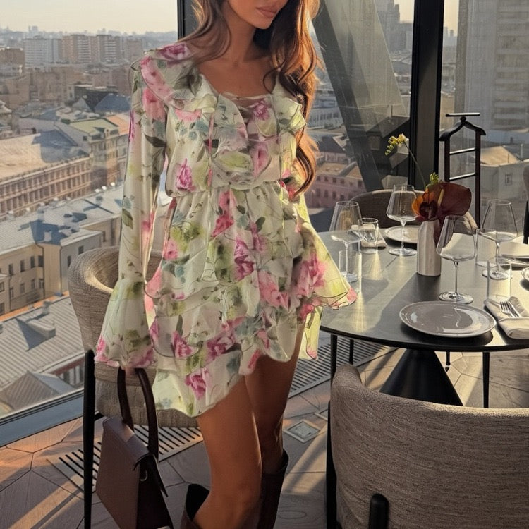 Floral chiffon ruffled mini dress with tiered ruffles – Alona