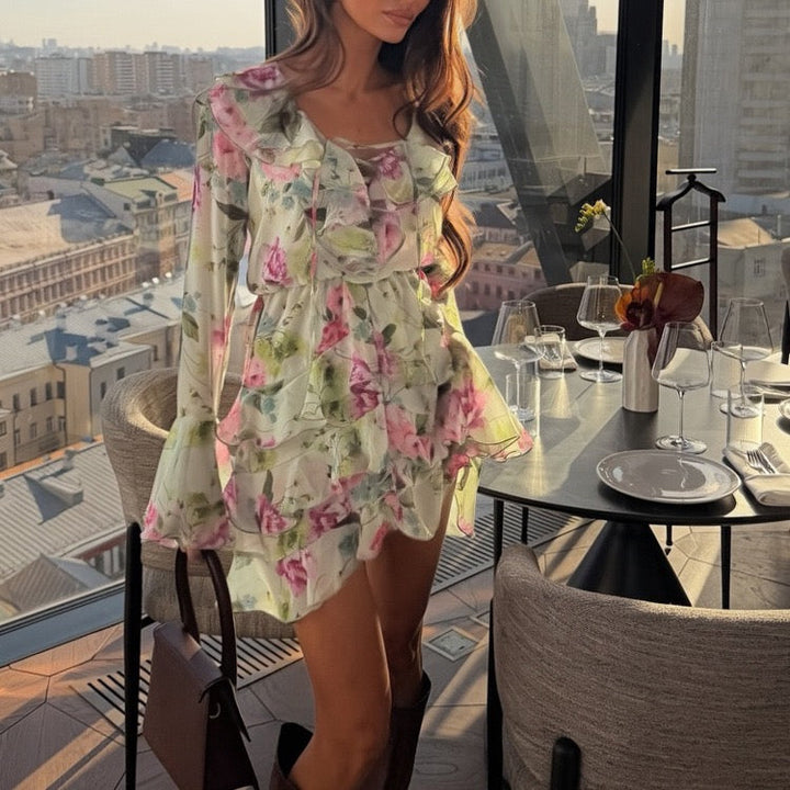Floral chiffon ruffled mini dress with tiered ruffles – Alona