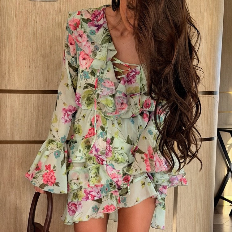 Floral chiffon ruffled mini dress with tiered ruffles – Alona