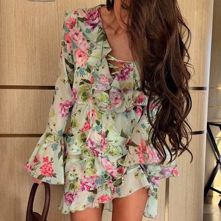 Floral chiffon ruffled mini dress with tiered ruffles – Alona