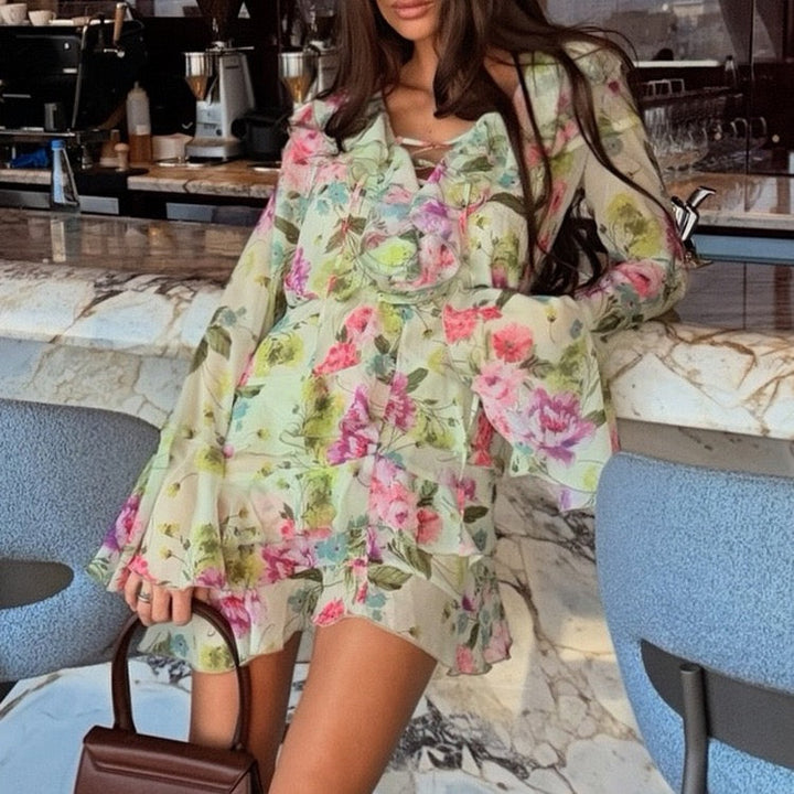 Floral chiffon ruffled mini dress with tiered ruffles – Alona