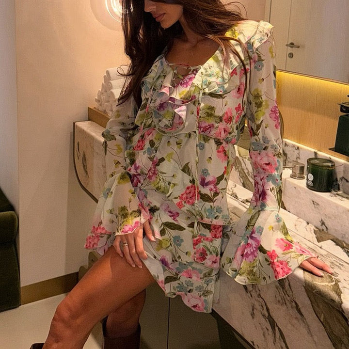 Floral chiffon ruffled mini dress with tiered ruffles – Alona