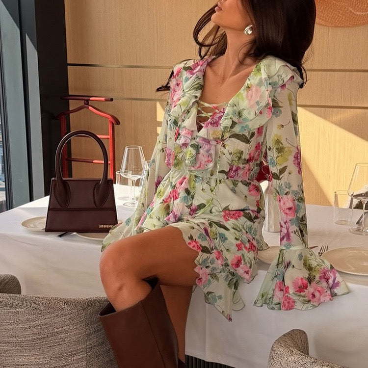 Floral chiffon ruffled mini dress with tiered ruffles – Alona