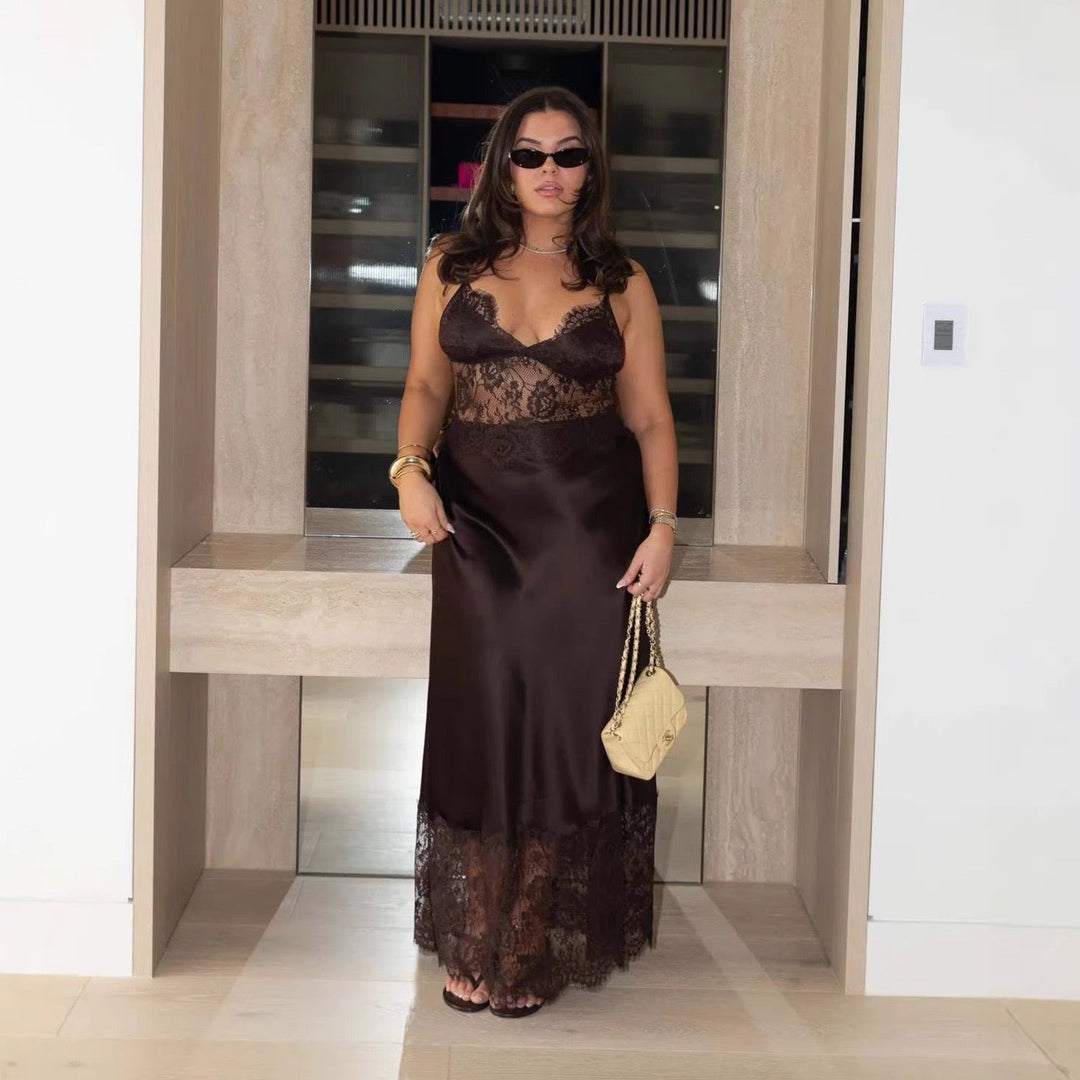 Maxi Satin Dress with Lace Design - ZIV