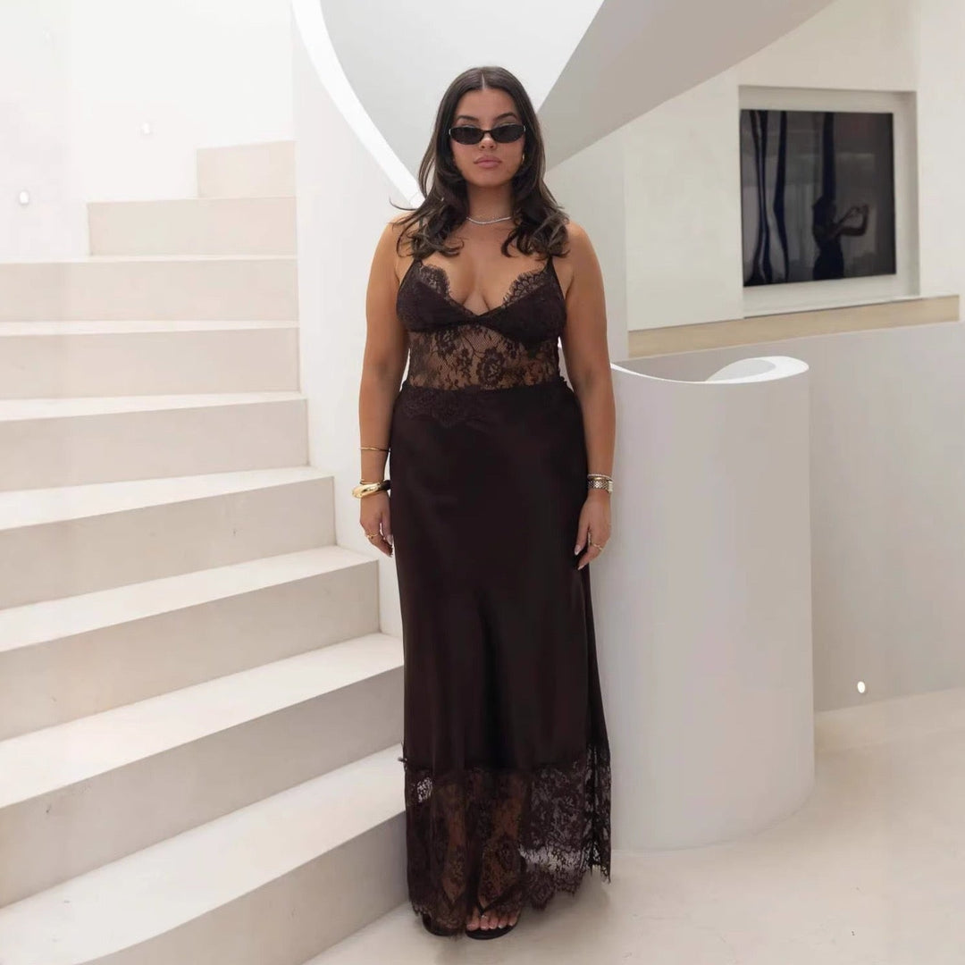Maxi Satin Dress with Lace Design - ZIV