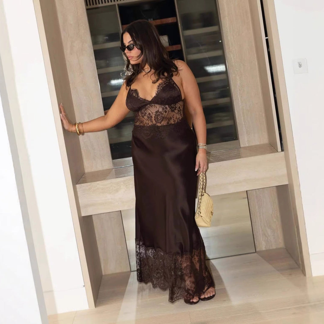 Maxi Satin Dress with Lace Design - ZIV