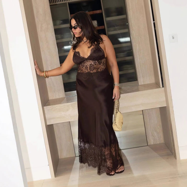 Maxi Satin Dress with Lace Design - ZIV