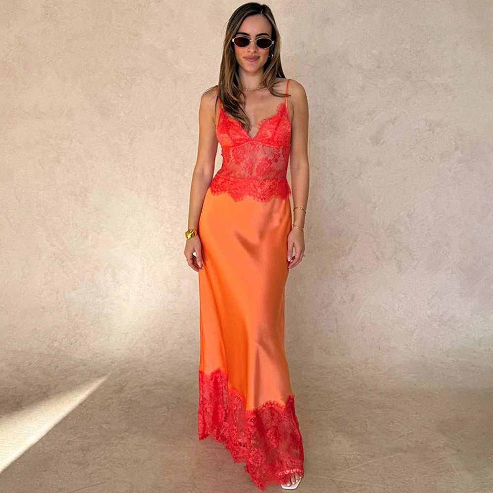 Maxi Satin Dress with Lace Design - ZIV