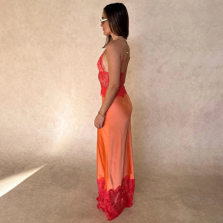 Maxi Satin Dress with Lace Design - ZIV