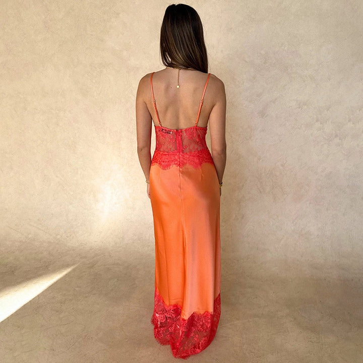 Maxi Satin Dress with Lace Design - ZIV