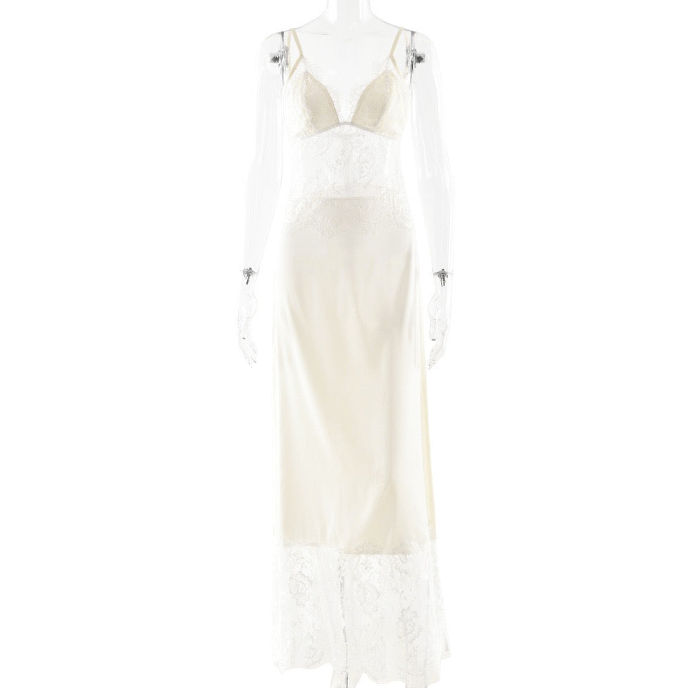 Maxi Satin Dress with Lace Design - ZIV