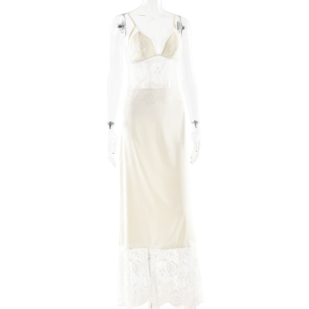 Maxi Satin Dress with Lace Design - ZIV
