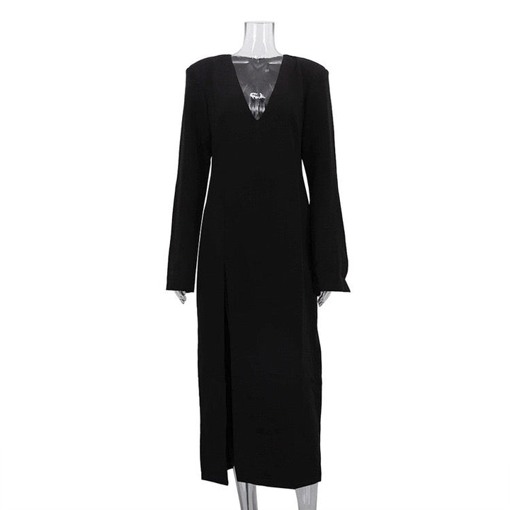 Tailored maxi dress with deep V-neckline and slit design - Amber