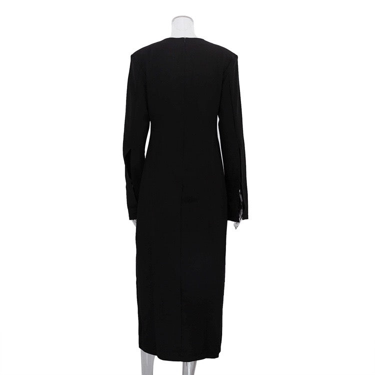 Tailored maxi dress with deep V-neckline and slit design - Amber