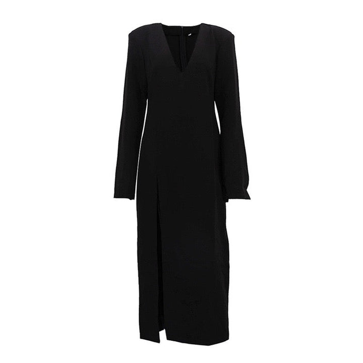 Tailored maxi dress with deep V-neckline and slit design - Amber