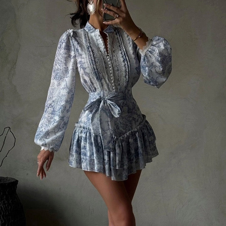 Mini dress with illustrated embellishments, embroidery, and pearl buttons – Alexandra