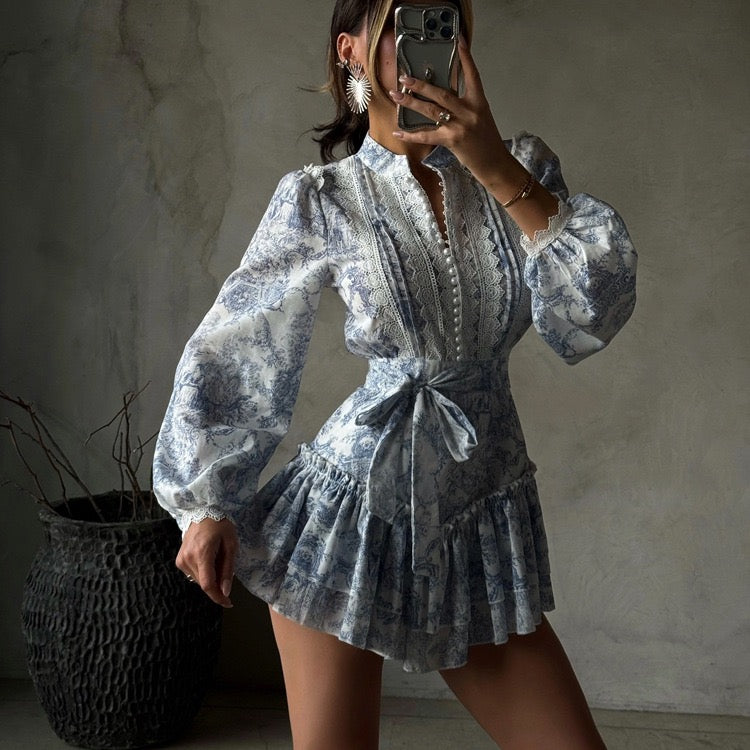 Mini dress with illustrated embellishments, embroidery, and pearl buttons – Alexandra