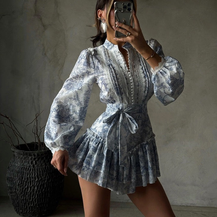 Mini dress with illustrated embellishments, embroidery, and pearl buttons – Alexandra