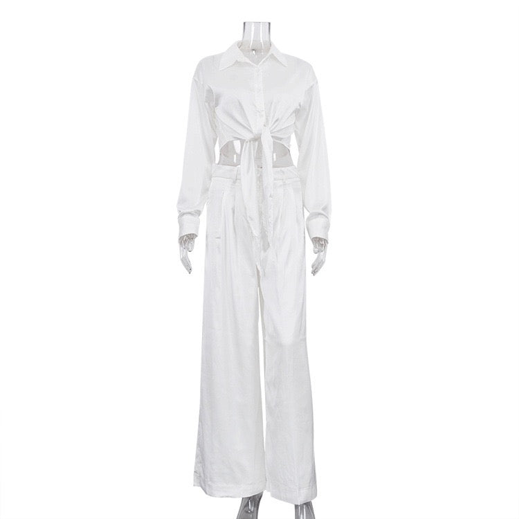 Two-piece satin suit with tie top and long pants – Ava