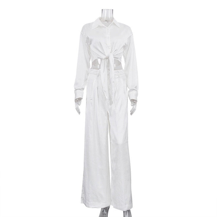 Two-piece satin suit with tie top and long pants – Ava