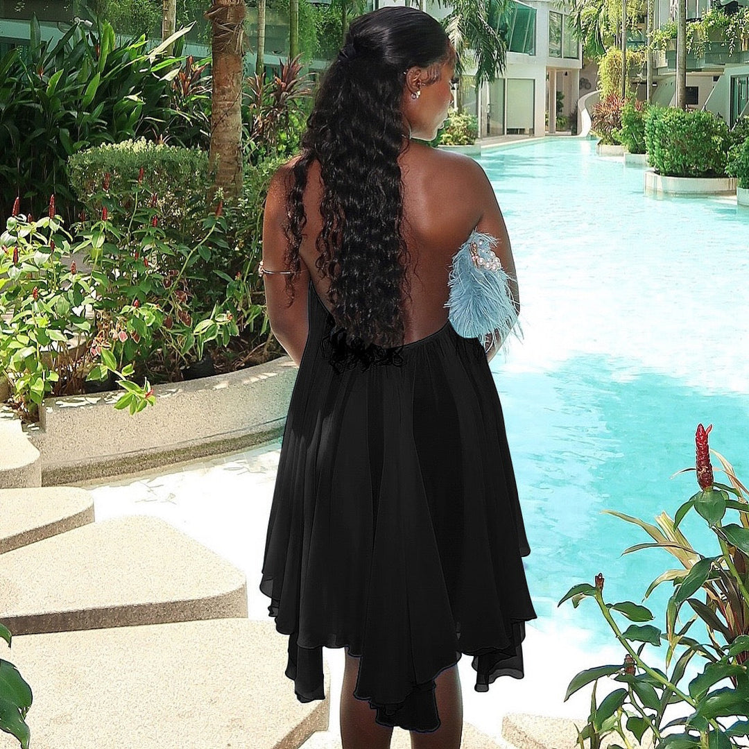 Havana tiered ruffle chiffon mini dress with a neck tie and open back