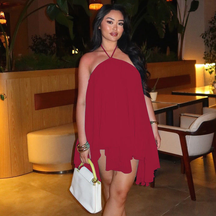 Havana tiered ruffle chiffon mini dress with a neck tie and open back