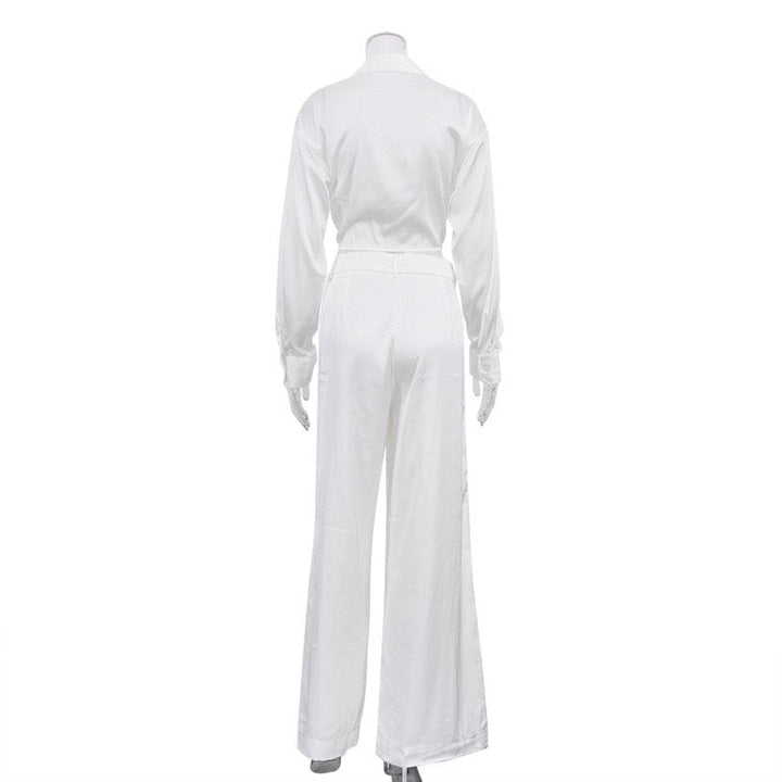 Two-piece satin suit with tie top and long pants – Ava