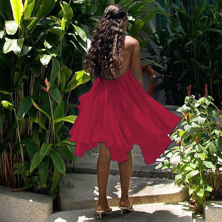 Havana tiered ruffle chiffon mini dress with a neck tie and open back