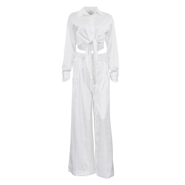 Two-piece satin suit with tie top and long pants – Ava