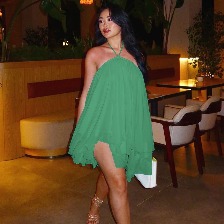 Havana tiered ruffle chiffon mini dress with a neck tie and open back