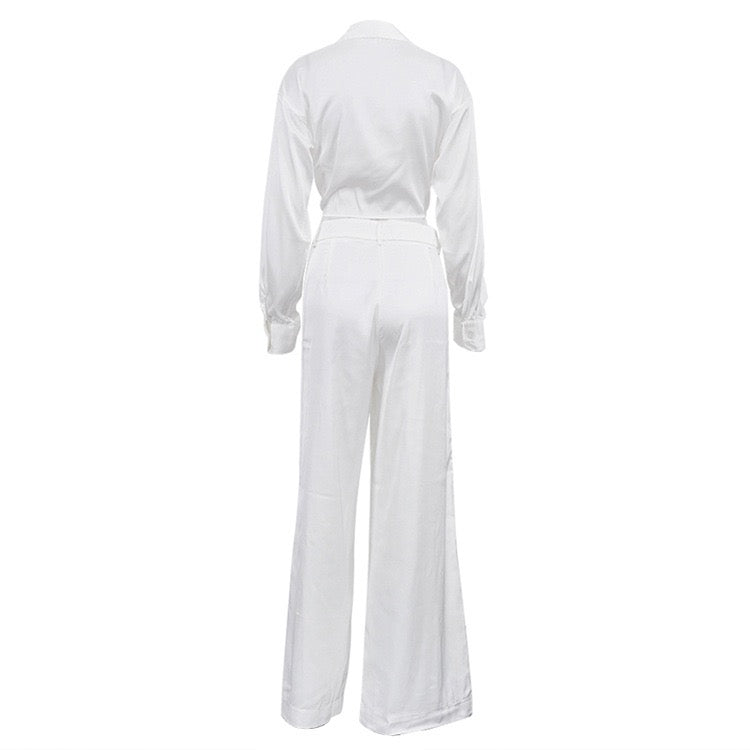 Two-piece satin suit with tie top and long pants – Ava