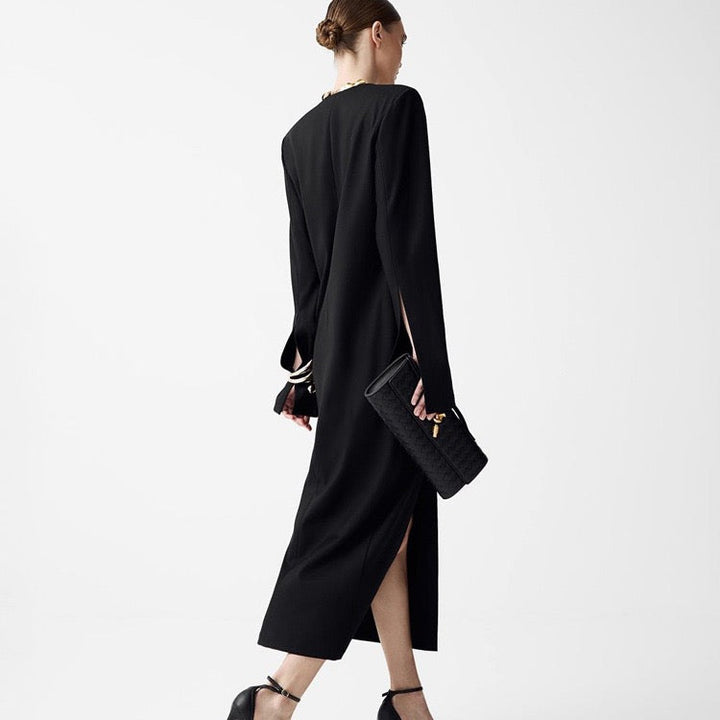 Tailored maxi dress with deep V-neckline and slit design - Amber