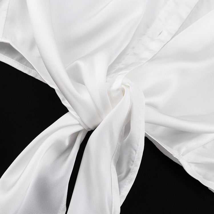 Two-piece satin suit with tie top and long pants – Ava