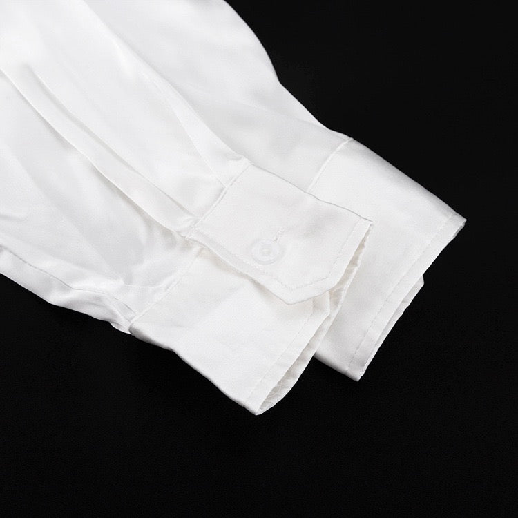 Two-piece satin suit with tie top and long pants – Ava