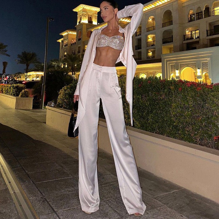 Two-piece satin suit with tie top and long pants – Ava