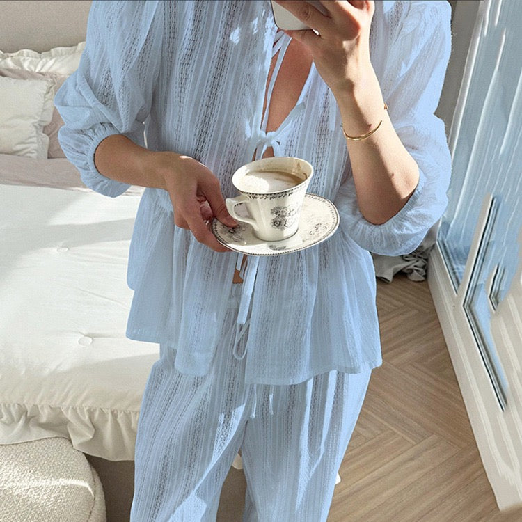 Two-piece chiffon suit with tie top and long pants – Neta Li