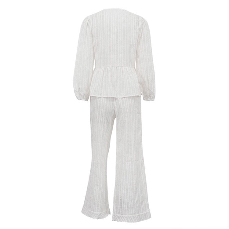 Two-piece chiffon suit with tie top and long pants – Neta Li