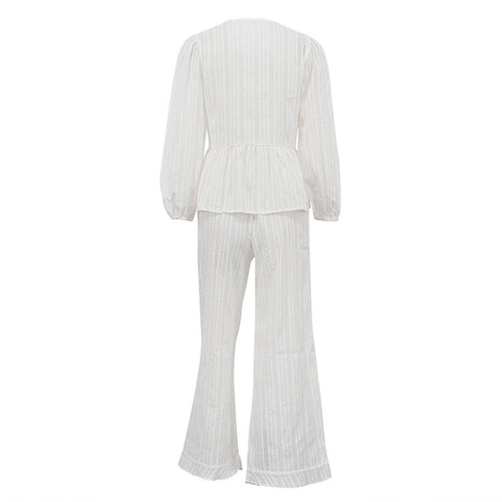 Two-piece chiffon suit with tie top and long pants – Neta Li